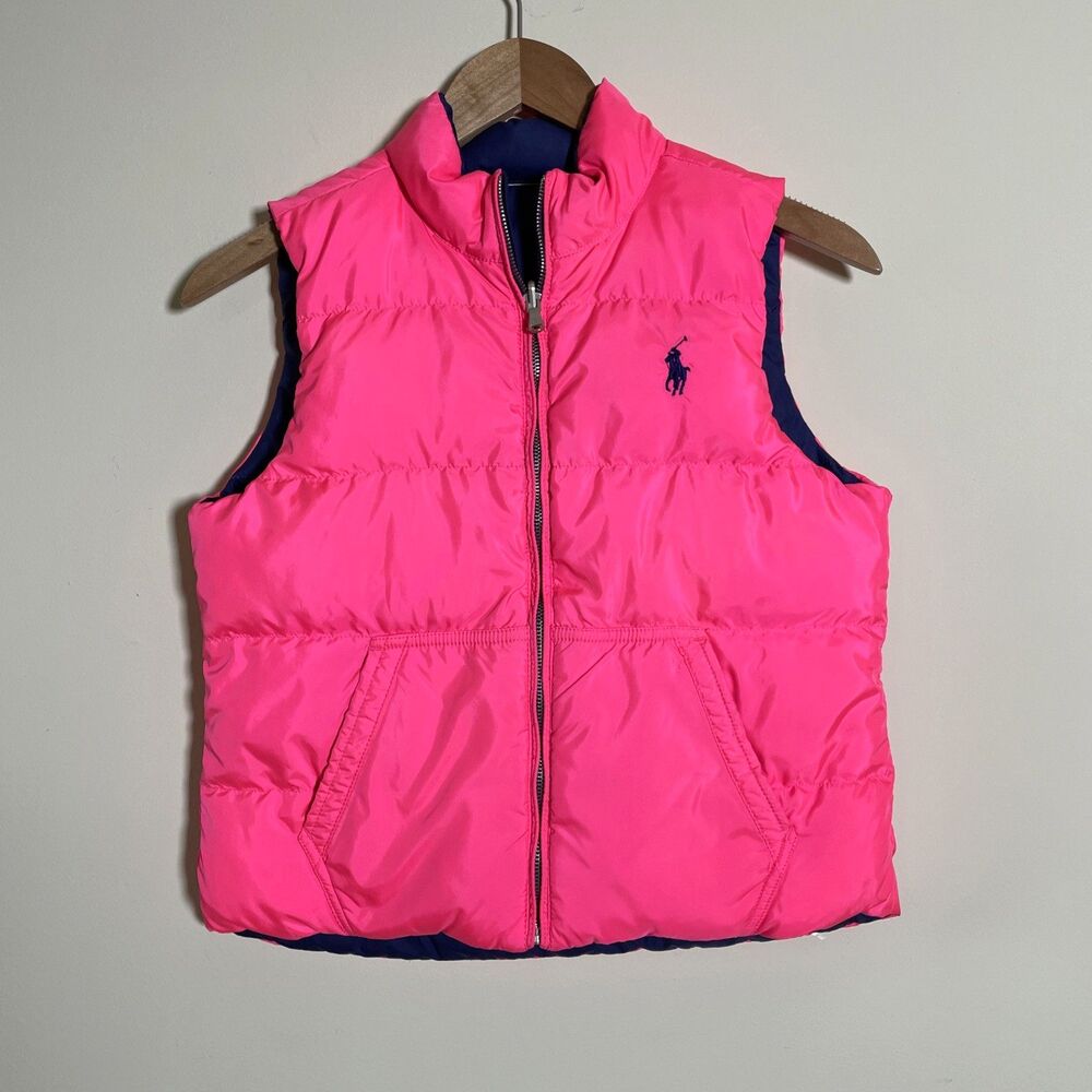 Polo Ralph Lauren Girls Reversible Puffer Vest Size Large Pink Blue Outerwear
